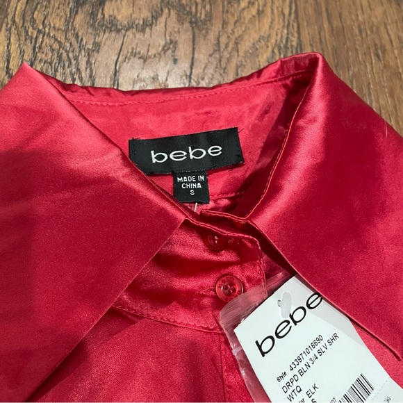 Bebe Red Silk Sexy Button-Up Blouse Puff Sleeves S Pinup Retro Romantic Glam NWT - Picture 2 of 8